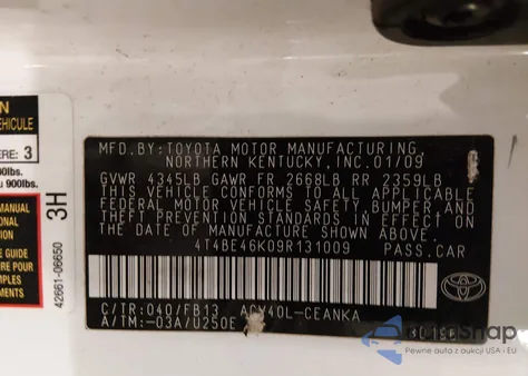 2009 Toyota Camry Le из США, поврежденный, VIN 4T4BE46K09R131009